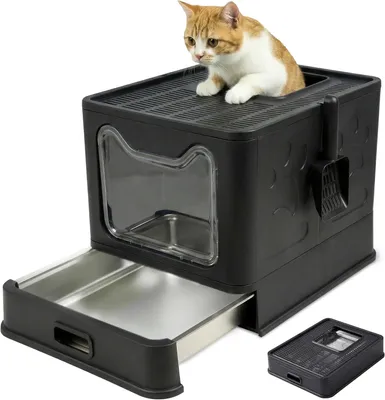 Produktbild von Katzenklo Edelstahl mit Deckel, Faltbare Geschlossene Katzentoilette mit Schublade, Geruchsfrei, Auslaufsicher, Leicht zu Reinigen, Doppelter Ein-/Ausgang, Mit Schaufel, (38,3×51×41 cm) Schwarz