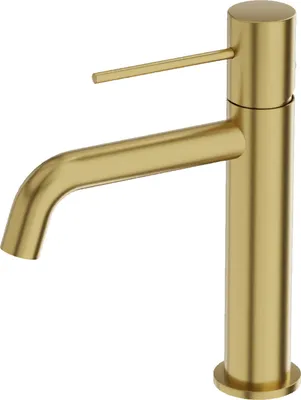 A close-up studio shot of a single gold-colored faucet.