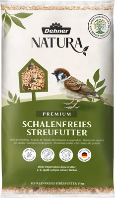 Produktbild von Dehner Natura Premium Wildvogelfutter, Streufutter schalenfrei, Ganzjahresfutter proteinreich / energiereich, hochwertiges Vogelfutter für Wildvögel, 5 kg