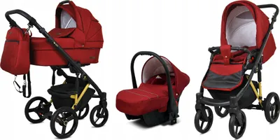 A collage of three different configurations of a red baby stroller system, including a bassinet, a car seat, and a stroller seat.
