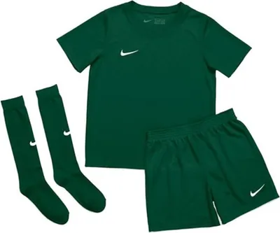 A green Nike soccer uniform set including a t-shirt, shorts, and two socks, laid out flat against a white background.