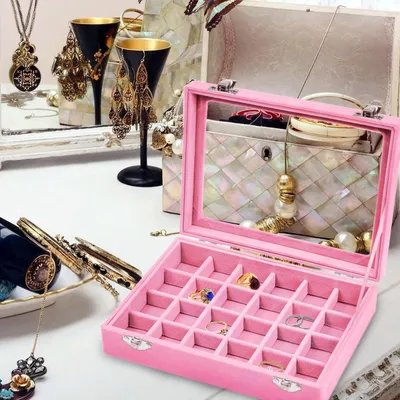 Produktbild von Schmuckkästchen mit Glasdeckel - Aufbewahrungsbox für Schmuck - 24 Fächer - Rosa - Samt