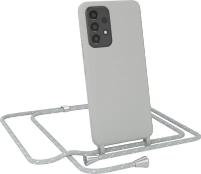 Produktbild von EAZY CASE Handykette kompatibel mit Samsung Galaxy A53 5G Handyhülle zum Umhängen, Silikon Hülle mit Band, Schutzhülle mit Ersatzkordel, Stylische Kette für Smartphone, Hell Grau / Weiß