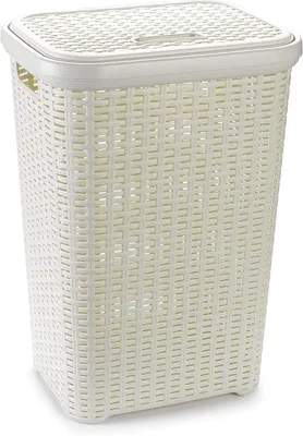 Image de Panier à linge avec couvercle et poignées, 60 litres, blanc imitation rotin