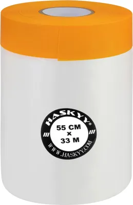 A roll of masking tape with an orange top edge, on a white background.