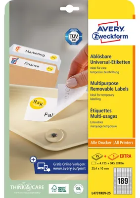 Produktbild von Avery Zweckform L4731REV-25 Universal-Etiketten, 25,4 x 10 mm, 25 Blatt/4.725 Etiketten, weiß