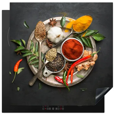 Produktbild von KitchenYeah© Herdabdeckplatte Gewürze - Teller - Pfeffer - Schwarz - Löffel - Silber , 78x78cm, Küche Deko, Glaskeramikkochfeld Herdabdeckung, Abdeckplatte fùr Kochfeld