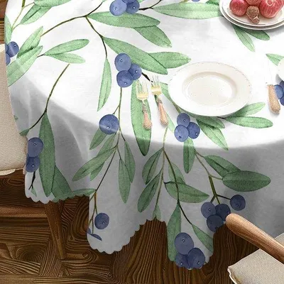 Produktbild von Famanu Tischdecke Wasserfest - Rund 150 cm mit grünem Blatt- und Heidelbeerdesign