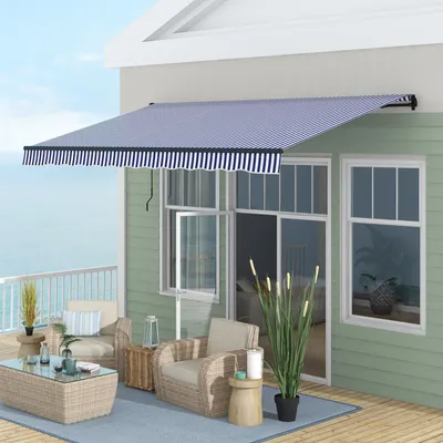 Produktbild von Terrassenmarkise mit Handkurbel, Sonnenmarkise Balkonmarkise, Polyesterstoff 280g/m² Aluminium, Blau+Weiß | 400×300 cm | 45–85° neigbar | 26,1 kg