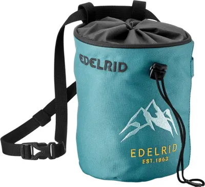 Große Chalk Bag "Rodeo" von Edelrid in Türkis mit verstellbarem Gurt und Bergmotiv.