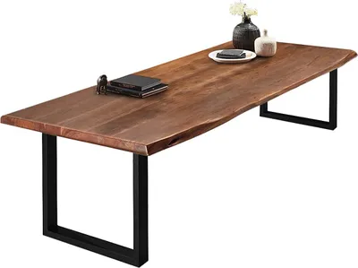 Produktbild von Esszimmertisch 220x110 cm Valin, Akazienholz nussbaumfarben & massiv, Baumkantentisch mit U -Gestell aus Metall Mattschwarz, echte Baumkante, Platte 50mm