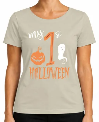 Immagine prodotto di Maglietta da donna, taglia S, con scritta "Primo Halloween", decorata con zucche, fantasmi e immagini a tema Halloween