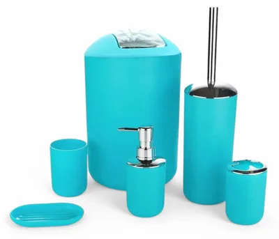 Produktbild von 6tlg Badset Badezimmer Zubehör Set Organizer: (Türkis Design 2) Seifenspender, Zahnputzbecher, Kosmetikeimer, WC Bürste, Seifenschale, Mülleimer