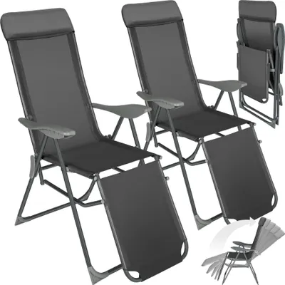 Two grey reclining garden chairs are shown from the front on a white background. A third chair is shown folded in the background. A small inset image shows the chair in a reclined position.