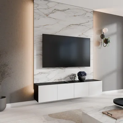 Produktbild von Masseno TV-Schrank MIVO 200 cm Fernsehschrank mit Schubladen und 3 Türen TV-Lowboard für Wohnzimmer Modern 200x40x41 cm Schwarz / Weiß