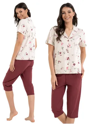 Produktbild von Damen Pyjama - Baumwoll-Pyjama Größe M - Kurze Ärmel Bunt - 3/4-Hosen