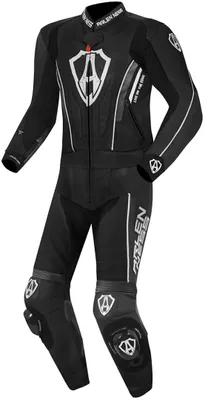 Immagine prodotto di Tuta da motociclista Arlen Ness Losail, in pelle, due pezzi, nera e bianca, taglia 52
