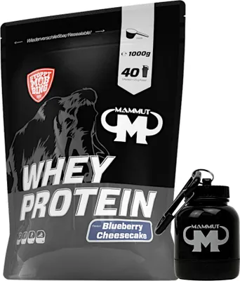 Produktbild von Mammut Nutrition - Whey Protein 1000 g Beutel - 40 Portionen Eiweiß + GRATIS Powderbank, Geschmack: Blueberry Cheesecake