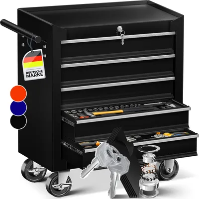A black rolling tool chest with multiple drawers, some of which are open to reveal tools. There are also keys and a German flag tag visible.