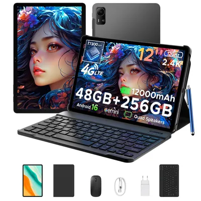 Produktbild von P12 Pro Tablet Android 16, 12" 2.4K 120Hz 4G LTE, 48GB(12+36) RAM + 256GB ROM (2TB TF), 12000mAh, T7300 Widevine L1 BT5.4–mit Tastatur, Maus, Stift
