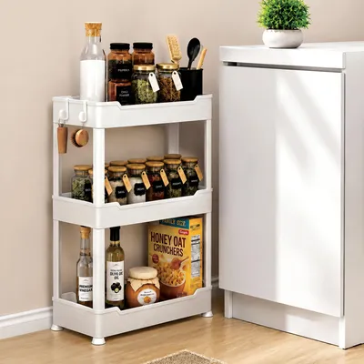 Imagen del producto de Estantería de almacenamiento de 3 niveles con 4 ganchos – Organizador que ahorra espacio para cocina, baño y hogar – Con patas – Blanco