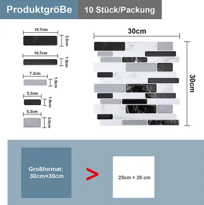 Produktbild von Faziango Fliesenaufkleber 30x30cm Fliesen-Folie 10 Stück Deko selbstklebende Klebefliesen Dunkelgrau für Küche Bad Wohnzimmer Zimmer