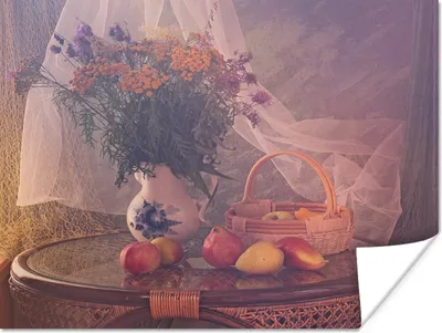 Produktbild von MuchoWow® Poster Stilleben - Malerei - Vase mit Blumen - Obst - Apfel - Kunst 160x120 cm - Foto Plakat