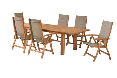 A wooden dining set with chairs and a table on a white background.
