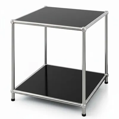 A product shot of a black and silver side table against a white background.