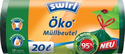 Produktbild von swirl Öko Mülleimerbeutel mit Zugband grün 20 Liter 18 Beutel