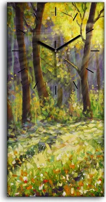 Produktbild von Wanduhr Bürouhr Leinwand Bild Geräuschlos 30x60 Malerei Wald Bäume Blumen Natur - schwarze Hände