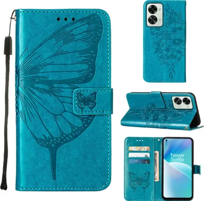 Produktbild von OnePlusNord 2T 5G Hülle, Schmetterling Prägung Flip Leder Kartenfächer Schutzhülle Ledertasche mit Ständer für OnePlus Nord 2T 5G Blau
