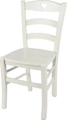 A white wooden chair with a heart cutout on the backrest, isolated on a white background.