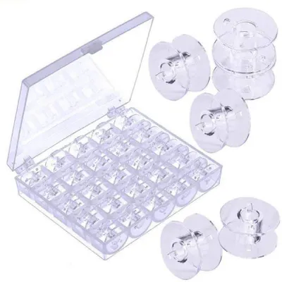 25 transparente Nähmaschinenspulen mit Box, Kunststoff
