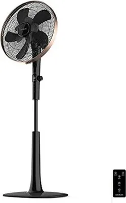 A black and copper stand fan is shown against a white background.