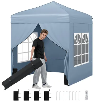 Produktbild von COSTWAY Pop Up Pavillon 2x2m, Gartenpavillon mit abnehmbaren Seitenwänden, Metallrahmen, Fenstern, 4 Sandsäcken & Rolltasche, Faltpavillon Grau