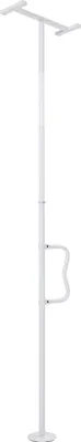 A white floor-mounted safety grab bar for bathrooms.