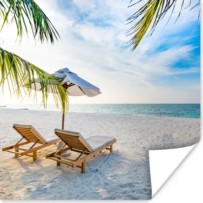 Produktbild von MuchoWow® Poster Strandkorb - Sonnenschirm - Sonnenuntergang 75x75 cm - Wand Dekoration
