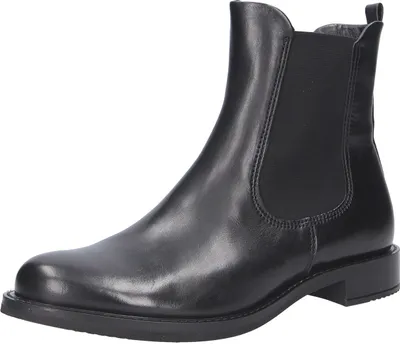 A black leather Chelsea boot is shown against a white background.