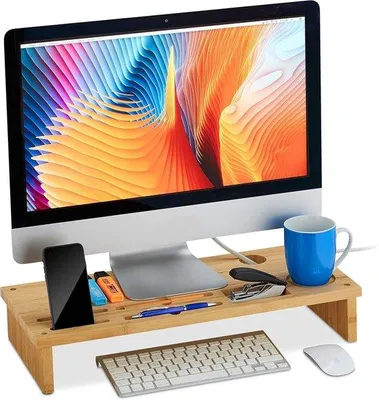 Produktbild von Famanu Monitorständer aus Bambus - Organizer mit 6 Fächern - freistehend - 9x54x23 cm - natur