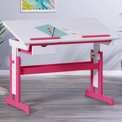 Obrázok produktu pre Detský písací stôl – Nastaviteľná výška – Na učenie a prácu – Rozmery: 109 x 55 x 96 cm – Ružová/biela