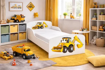 Produktbild von Bayagu Kinderbett 160x80cm aus MDF mit Matratze Lattenrost und Rausfallschutz Bagger
