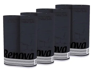 A group of black toilet paper rolls packaged with the brand name 'Renova' visible.