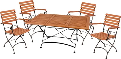 A wooden table and four chairs are arranged on a white background.