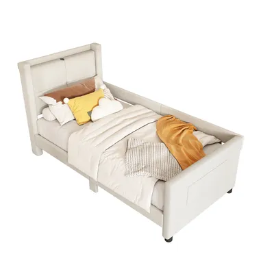 Produktbild von Flachbett(90*200cm,Beige)Kinderbett,gepolstert, mit USB-Anschluss, minimalistisches Design