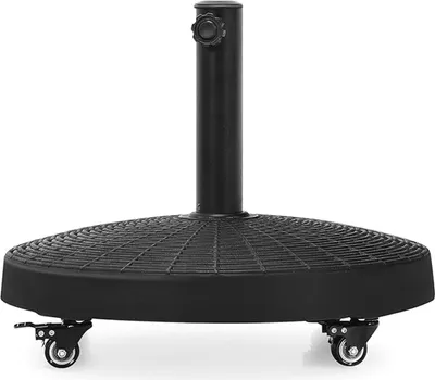 Immagine prodotto di Supporto per ombrellone con rotelle, base rotonda in resina effetto rattan, supporto per ombrellone con asta da Ø38/48 mm, supporto per ombrellone da mercato, nero
