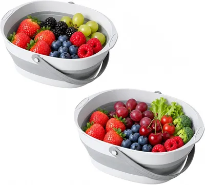 Image de Panier à fruits pliable, lot de 2, avec poignée et égouttoir, pour la cuisine