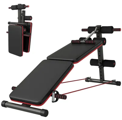 Produktbild von SitUpBankBauchtrainermitTrainingsseileTrainingsbankMultifunktionVerstellbar&klappbar110kgBelastbarkeitStahlSchwarz+Rot137x51x50-66cm