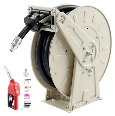Image de Bobine de tuyau de carburant VEVOR, 9,9 mètres, enrouleur industriel pour tuyaux d'huile avec une pression de 20 bars, tuyau NBR de 3/4 de pouce, pistolet de remplissage et enroulement automatique. Enrouleur de tuyau rétractable pour diesel et kérosène