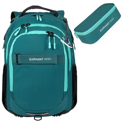 Produktbild von Schulrucksack Set 2 Teile Schultasche Elephant Hero Signature Laptopfach Rucksack Schulmappe Mäppchen Box 13205 Solid Petrol +r m